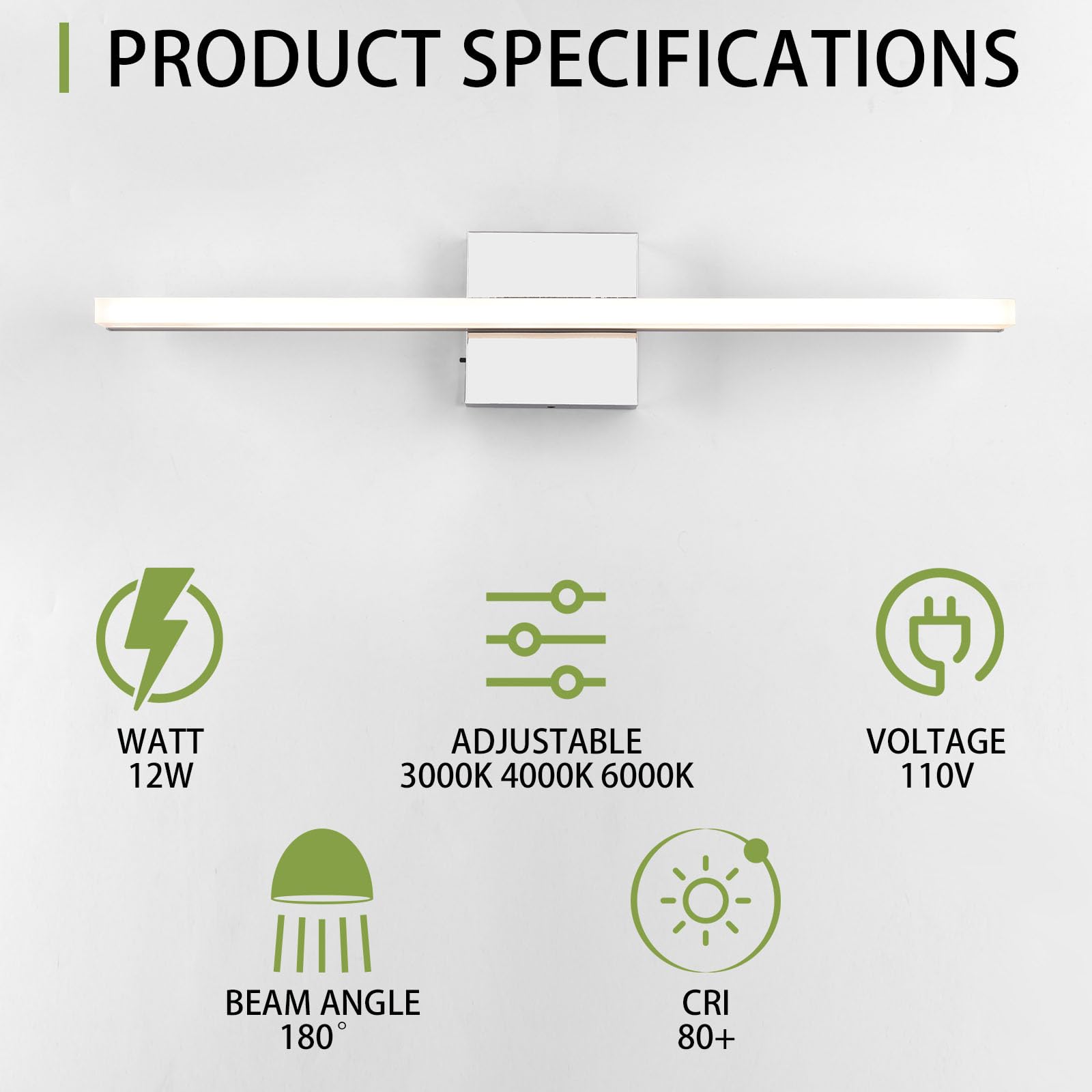 Amansour Led Bathroom Vanity Light 24In 12W Adjustable Temperature (3000K, 4000K, 5000K) Mirror Lighting Fixture Chrome Modern I