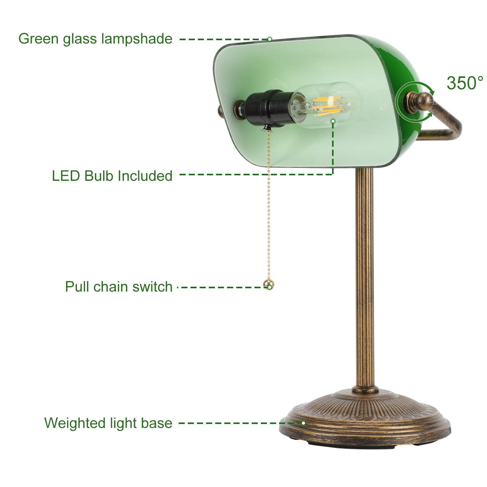 NISSAFORS Bankers Desk Lamp, Vintage Green Glass Shade, Small Retro Gold + Green, Model LB240023, LED Bulb Included