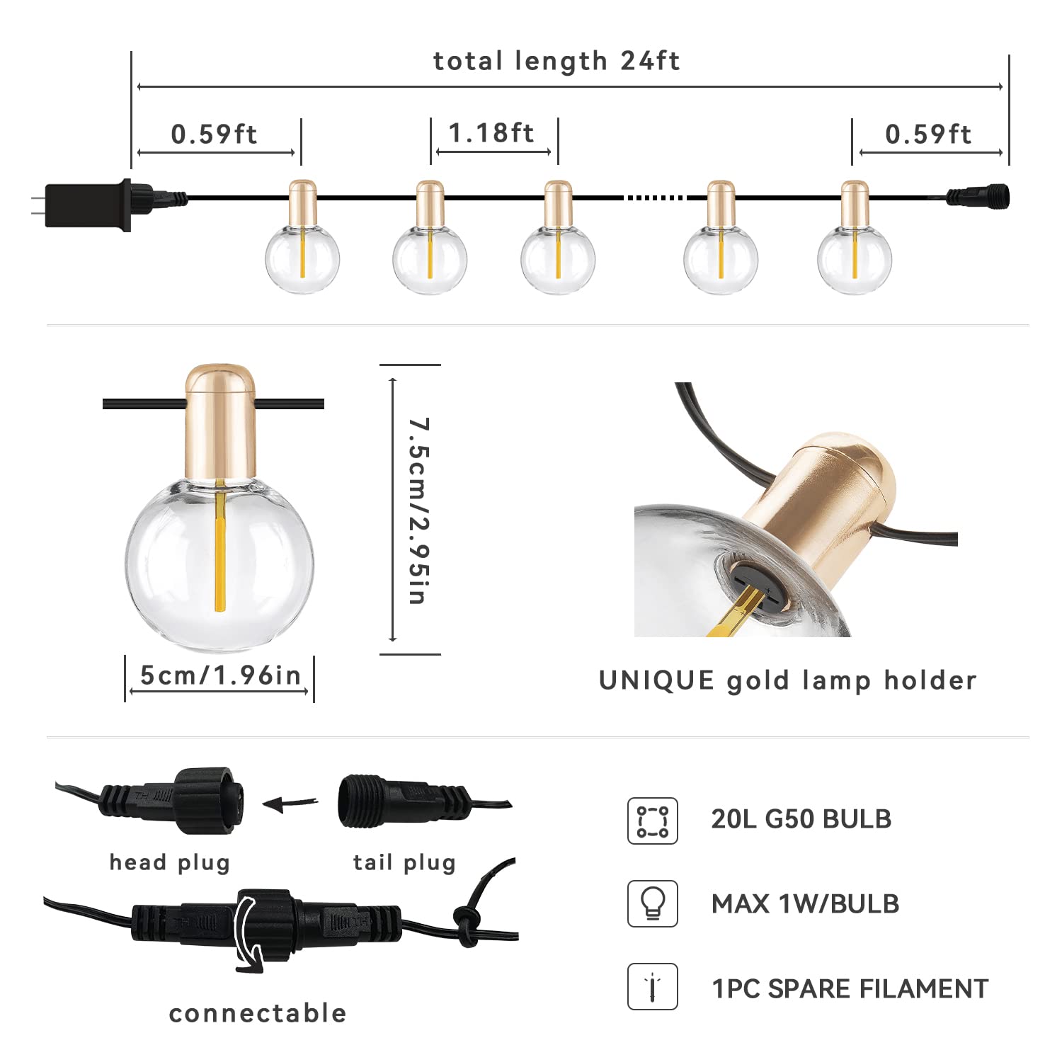 L.A. Nova String Lights Indoor, G50 With 20 Shatterproof Bulbs Led Vintage 24Ft Lights For Bedroom Decor, Pluggable Filament, Transformer Extension, Dimmer…