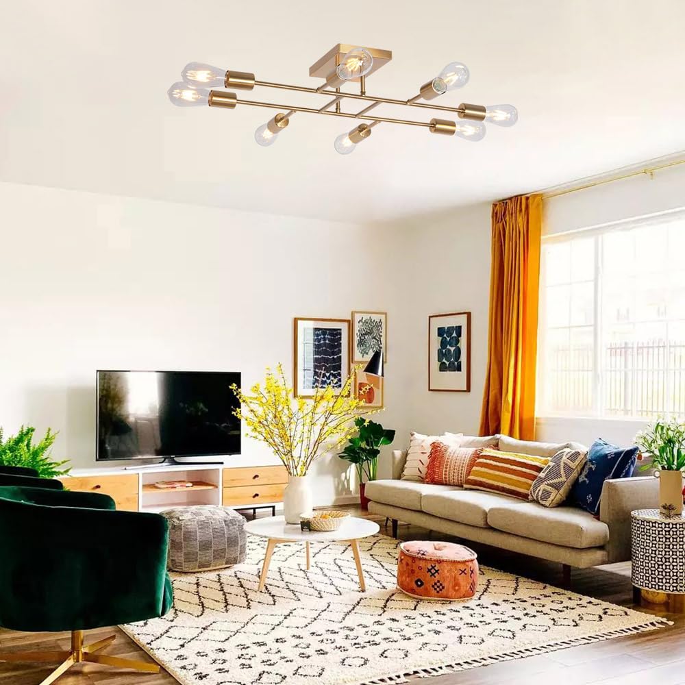 Tuluce Mid Century Modern Ceiling Lighting Fixture Industrial Semi Flush Mount Light Ceiling Brushed Brass 8 Light Kitchen Light