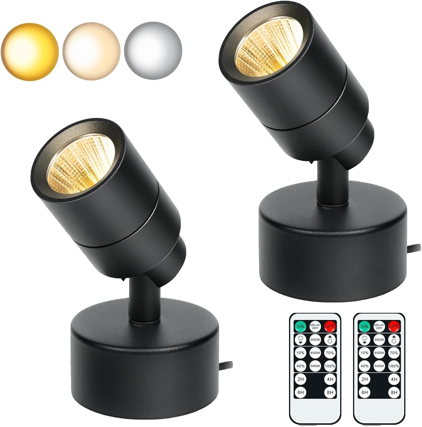 MIOBLUE 2Pack LED Spotlights Indoor, 3W Dimmable with Remote Control, Timer, 3 Colors, 5.9 FT Cord, Black, Model 03Spot-