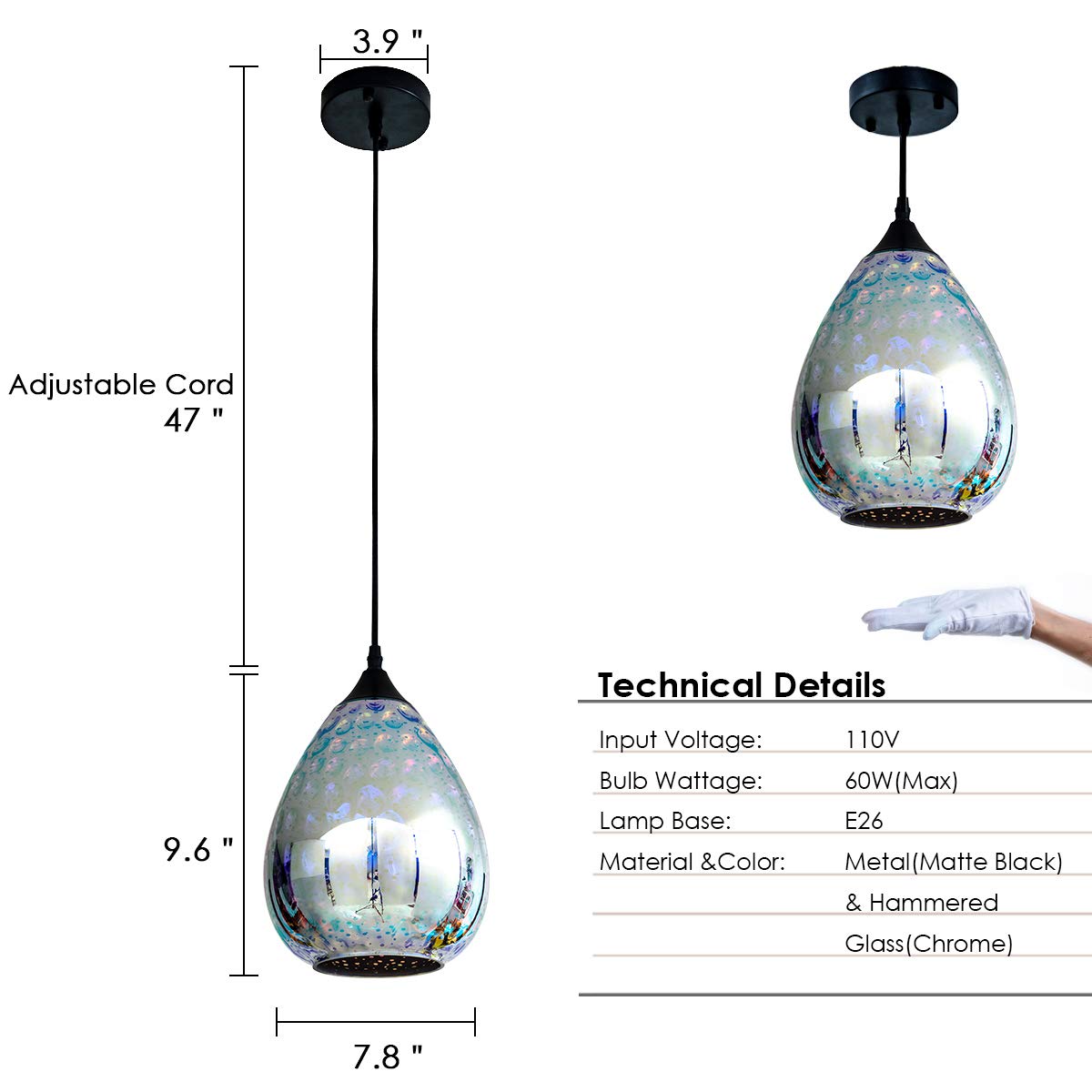 Yisuro 1-Light Glass Pendant Light Fixture, 7.8&quot; Shade For Kitchen Island & Dining Table