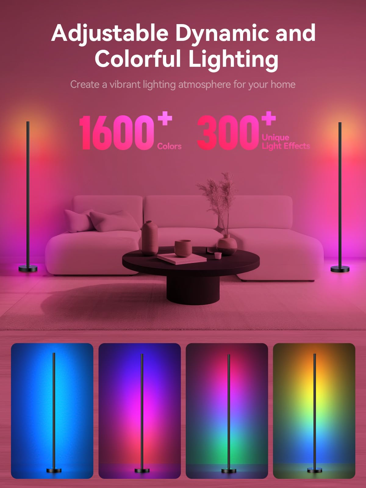 OIYN Smart RGBICW LED Corner Floor Lamp - 16M Colors, Music Sync, App & Remote, Black, 1 Pack, Model LZ-1201000B