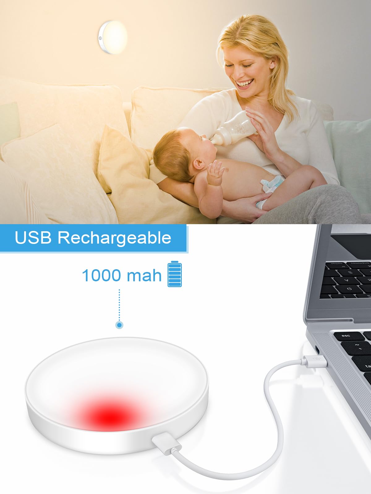 WILLED Dimmable Touch Lights, Battery Rechargeable LED Puck Lights, 3000K, White, Model WNL-A2, 2 Pack