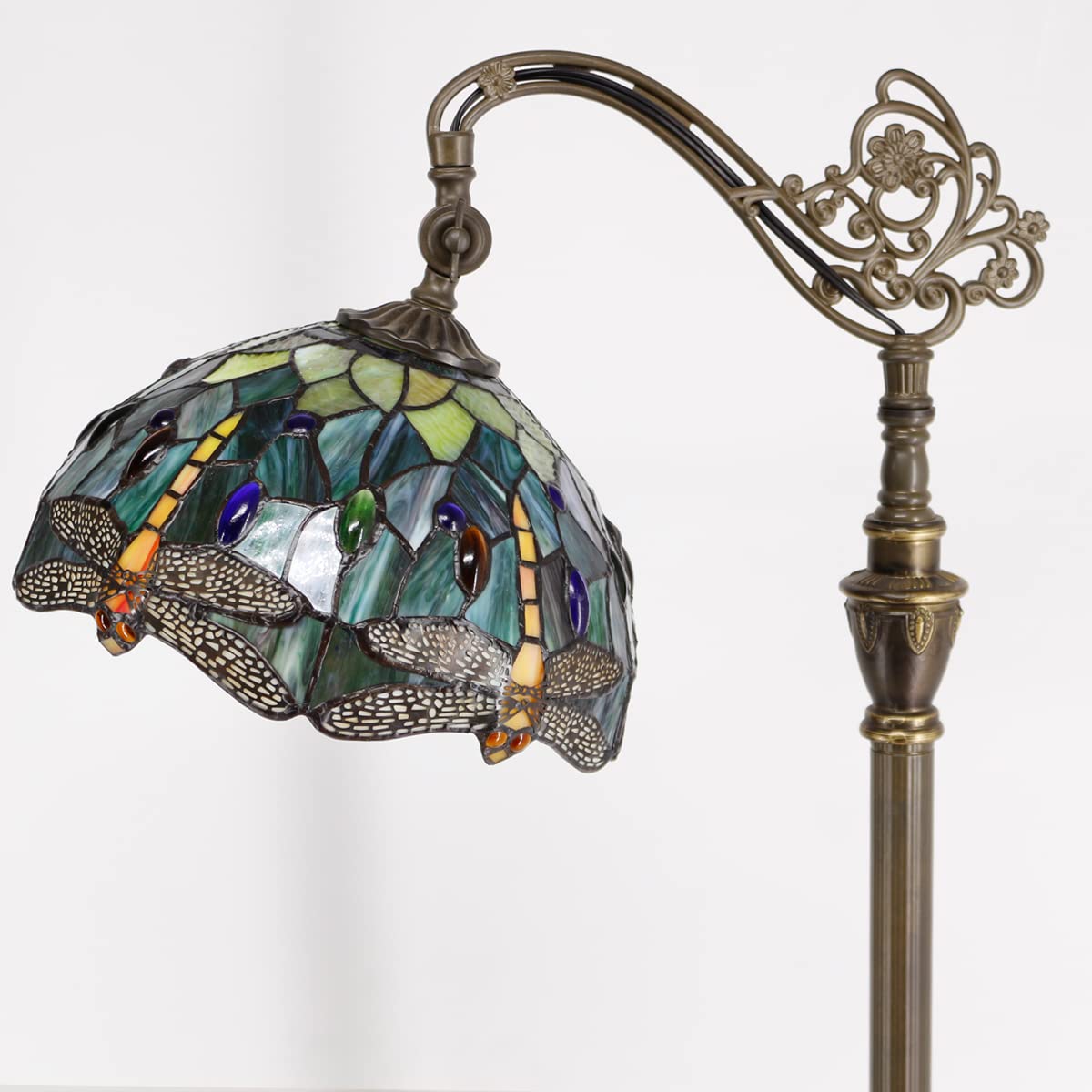 ZJART Tiffany Floor Lamp - Adjustable Arched Gooseneck, Stained Glass, Amber Yellow Dragonfly, 18.88"x12"x67", Model Z04E21F12