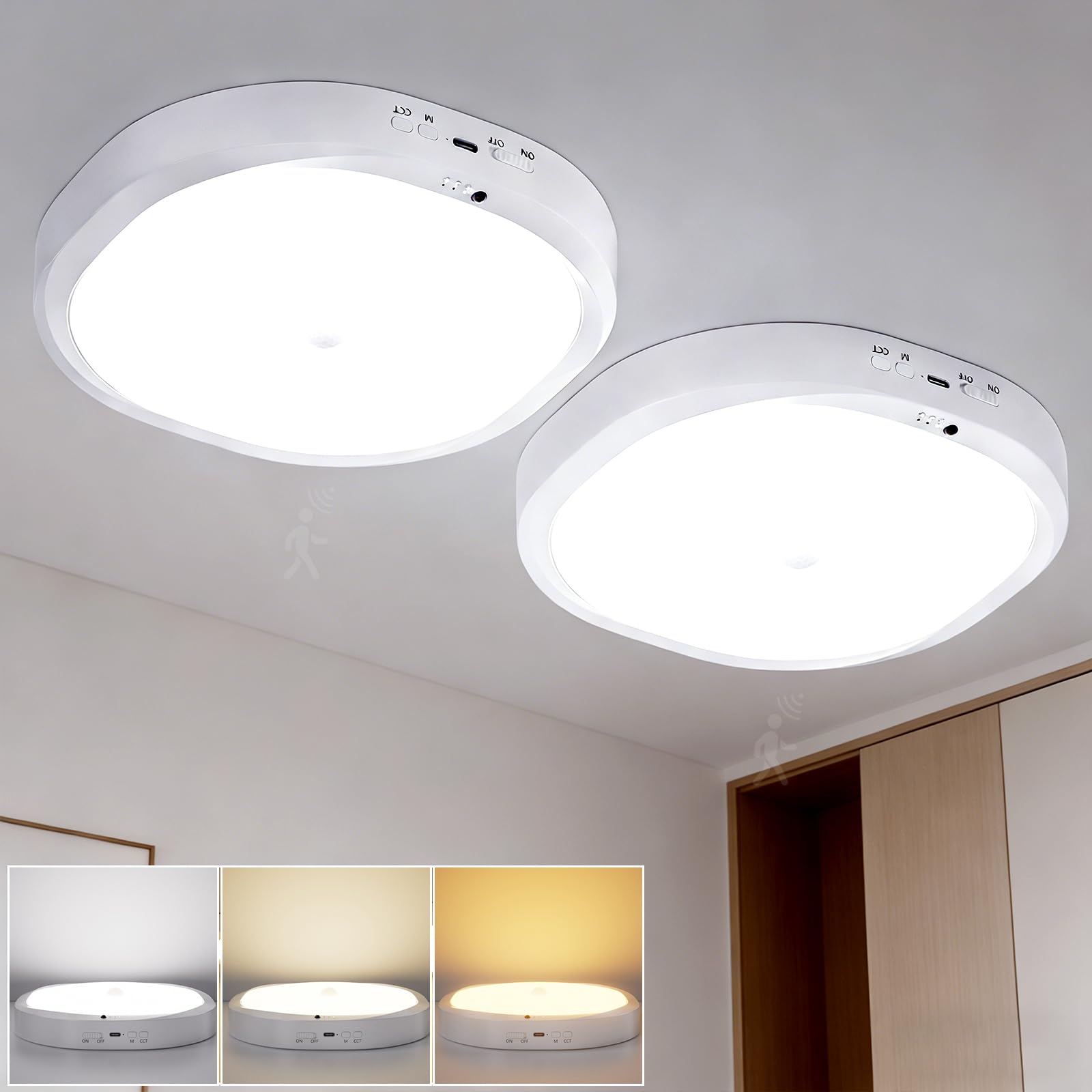 KNHUOS 2 Packs Motion Sensor Closet Light with Remote, No Wiring Battery Operated Ceiling Light with 10000mAh, Waterproof Shower