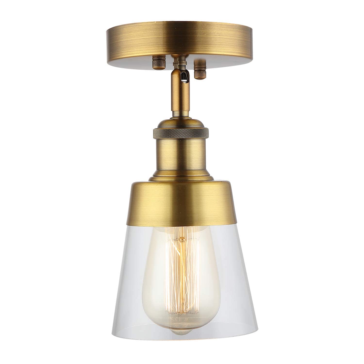Fivess Lighting Antique Gold Flush Mount Light Fixture, Mini Close to Ceiling, Clear Glass, Model 3202, for Hallway, Bathroom, Kitchen