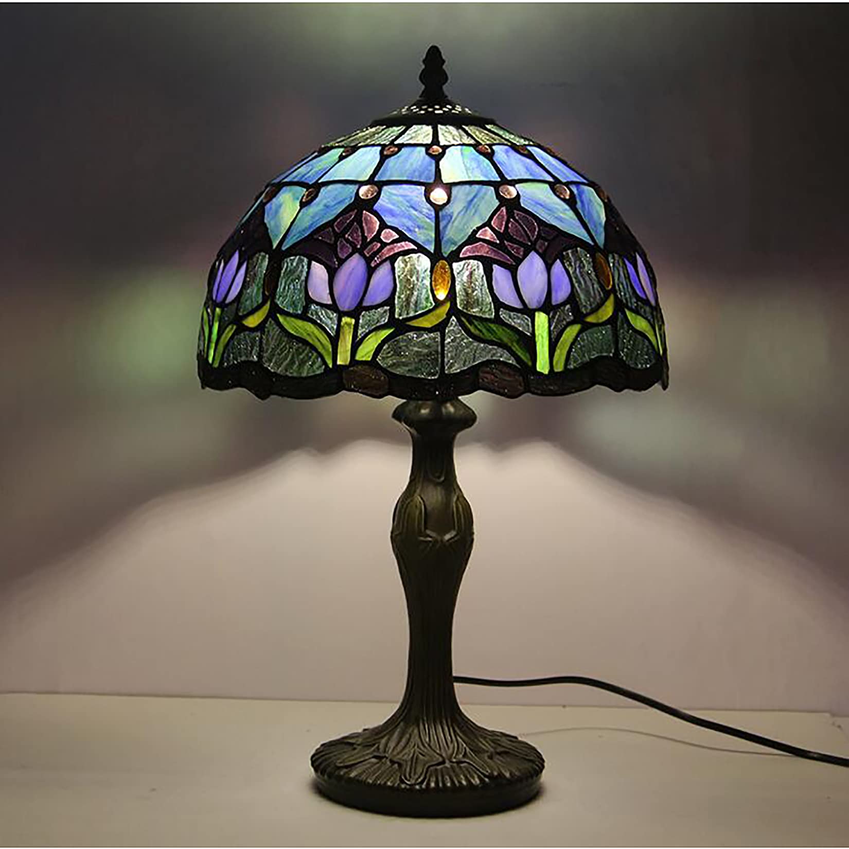 Tiffany Style Table Lamp Stained Glass Lamp Shade Purple Tulip Flower Reading Desk Light 12 Inches for Bedroom Study Living Room