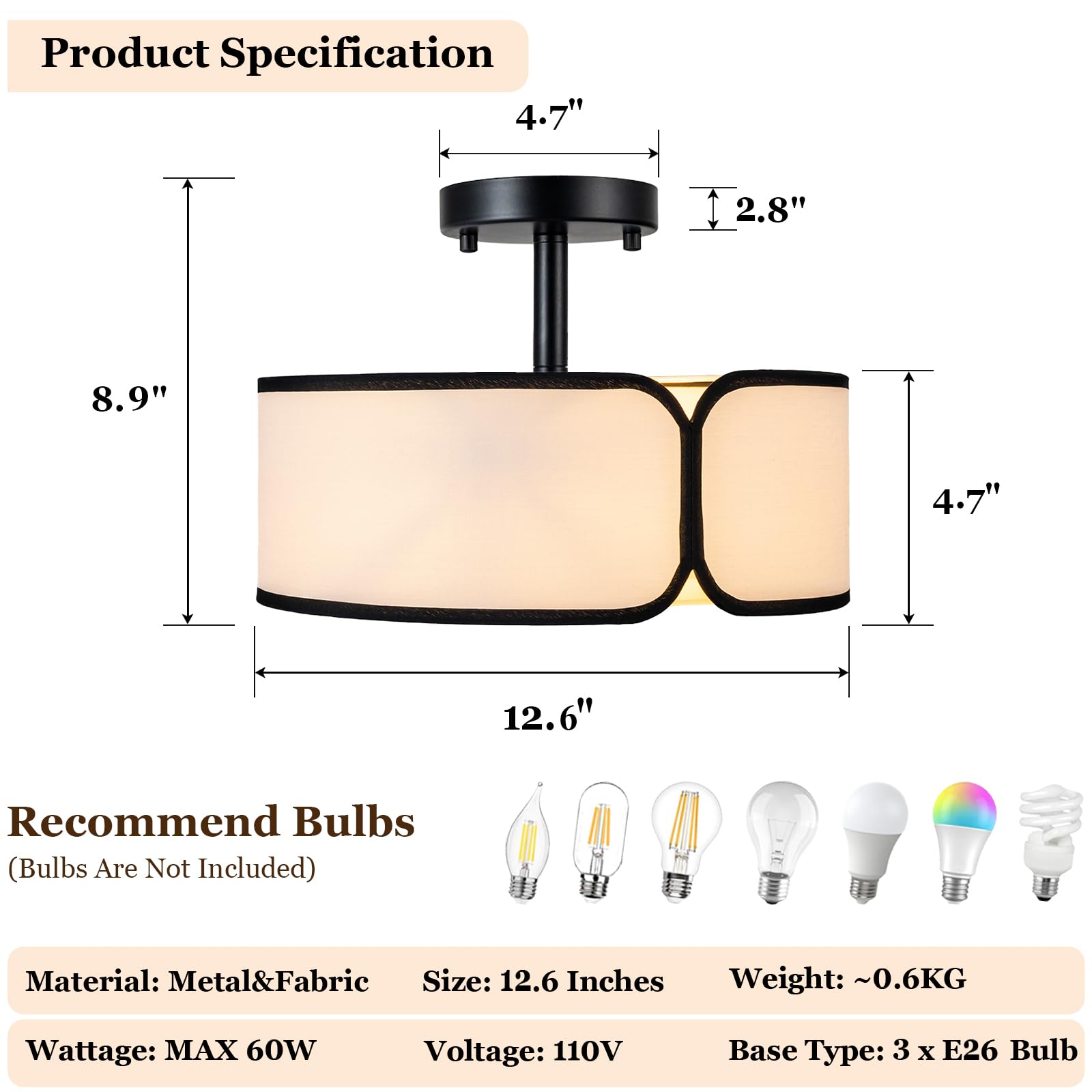 12.6'' Semi Flush Mount Ceiling Light - 3 Light Drum Light Fixture With Black Border Fabric Shade, Modern Close To Ceiling Light