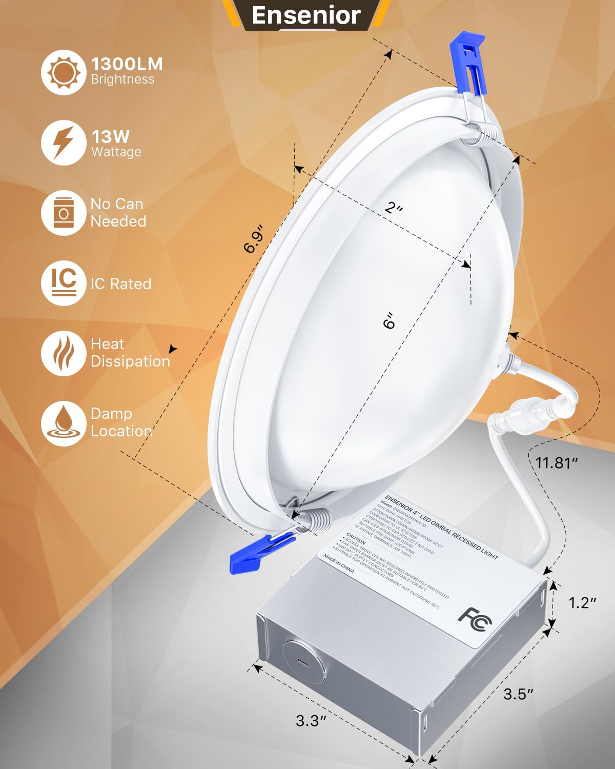 Ensenior 6 Inch LED Eyeball Recessed Lighting, Dimmable, 2700K-5000K, White, 1300LM, Aluminum, 360°+
