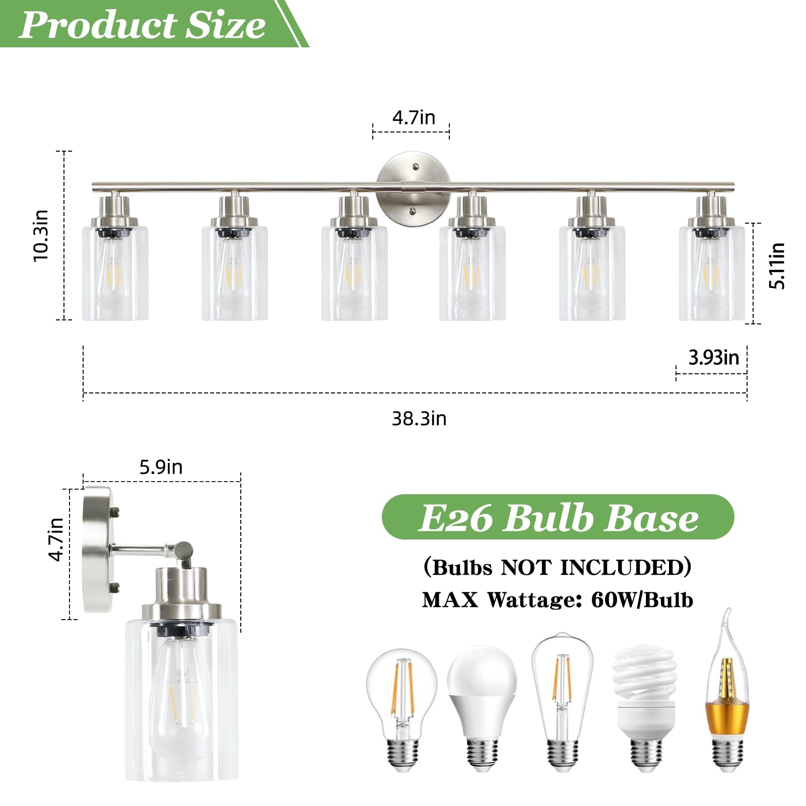Guliaofo 6-Light Nickel Bathroom Vanity Lights, Metal Fixtures with Clear Glass Shade, Model Gu-111-QGN-6