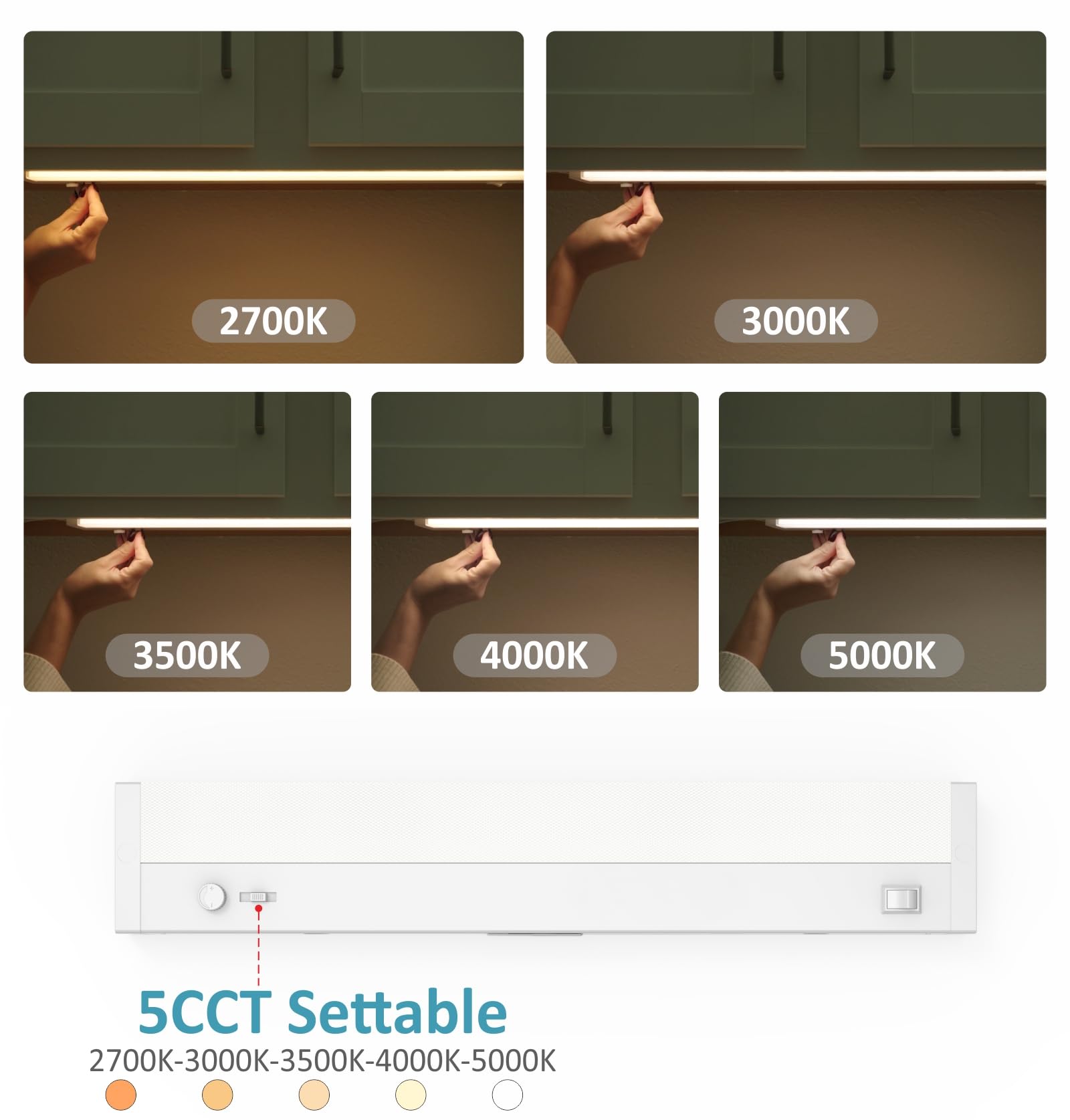 Leetdud Led Under Cabinet Lighting Built-In Dimmer Plug In Or Hardwired,18 Inch 9W Dimmable 5 Color 2700K/3000K/3500K/4000K/5000