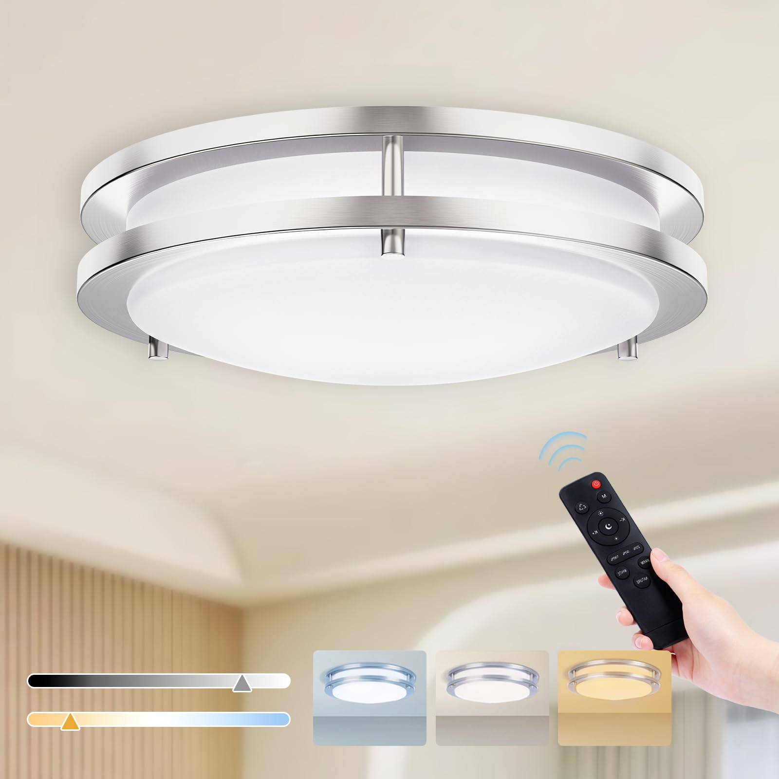 Kalium LED Ceiling Light with Remote 16 Inch Flush Mount Ceiling Light Fixture, 32W 3000K-6000K Adjustable Color Temperature, Di