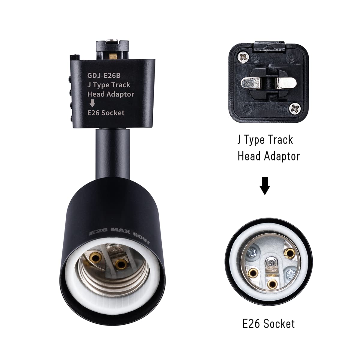 Mirrea J Type Track Lighting Head To E26 Medium Screw Base Adapter Light Direction Adjustable Pack Of 3 (Black)