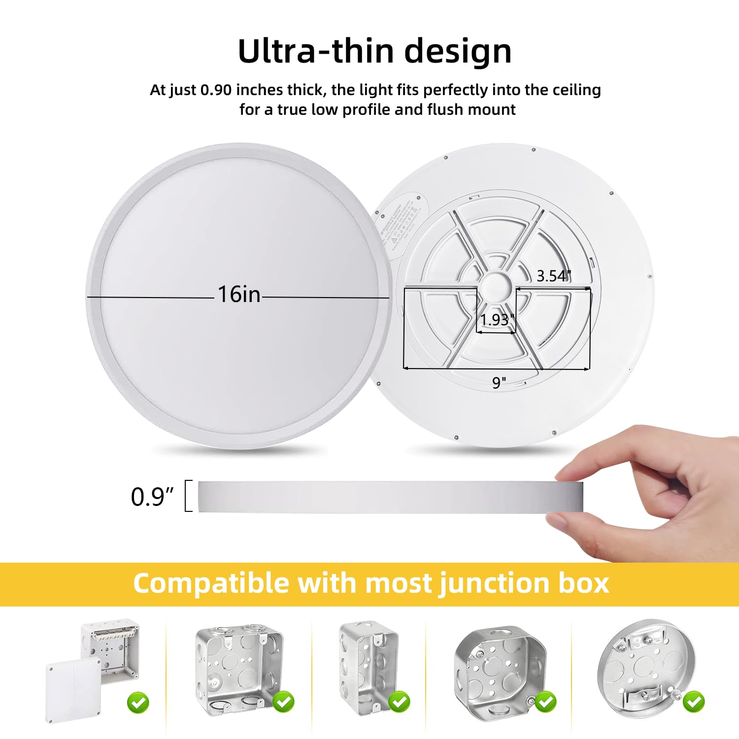 RLEDPZTX 16" LED Flush Mount Ceiling Light, 32W 3480lm, 3CCT Selectable, Modern White Panel, for Living Room, Kitchen, Bedroom (