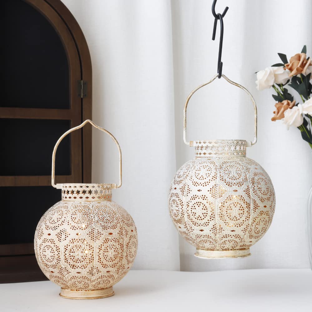 TRIROCKS Moroccan Decorative Lamps Set of 2, 7in  High, Battery Powered, Metal, White, Model 9173-R, Indoor/Outdoor Tabletop Lights