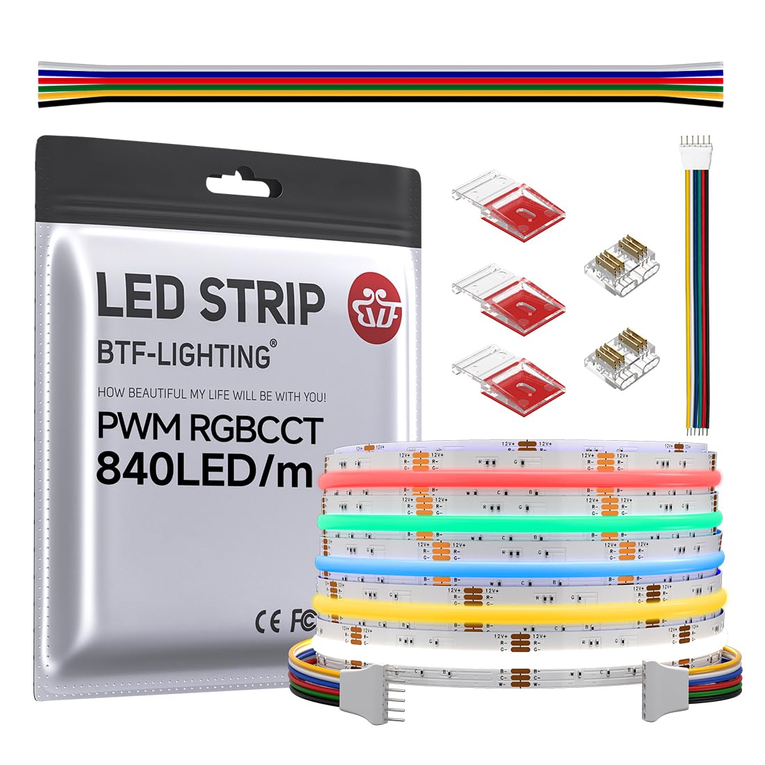 BTF-LIGHTING FCOB COB LED Strip RGBCCT Color Changing 16.4FT 840LED/m DC12V Flexible High Density Light RGB+CCT Tunable 3000K-60