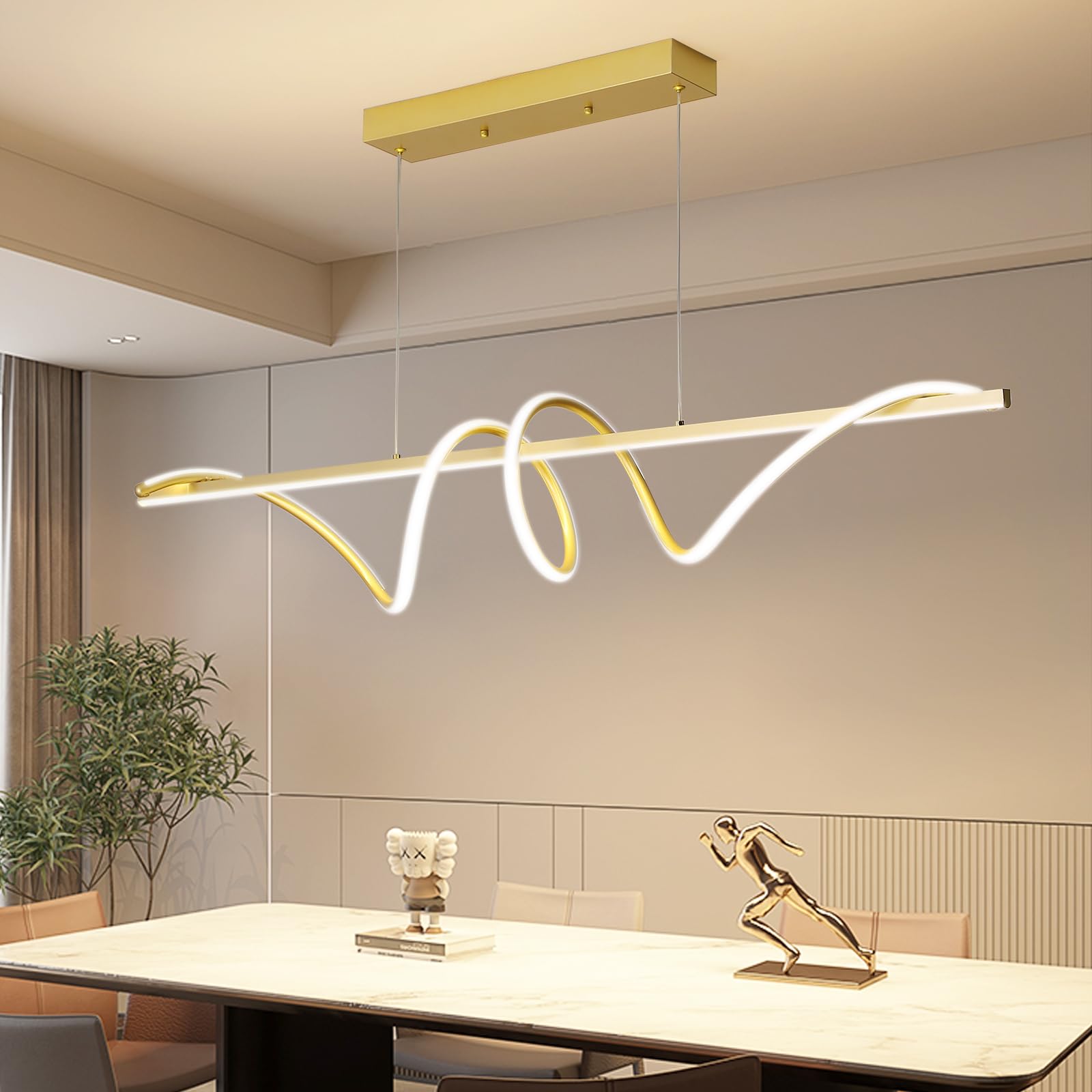 Modern Led Gold Pendant Light, 39In Ceiling Chandelier Fixtures Dimmable With Remote Control 3000K-6500K Adjustable Color Temperature,Aluminum Island Lighting Lamp For Dining Room, Living Room
