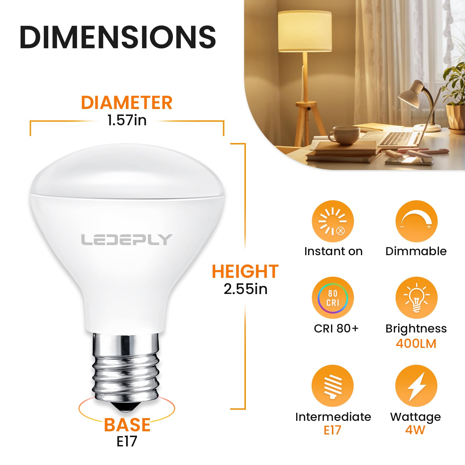 LEDEPLY R14 LED Bulb, 4W Dimmable E17 Base, 400 Lumens, 2700K Warm White, 4 Pack