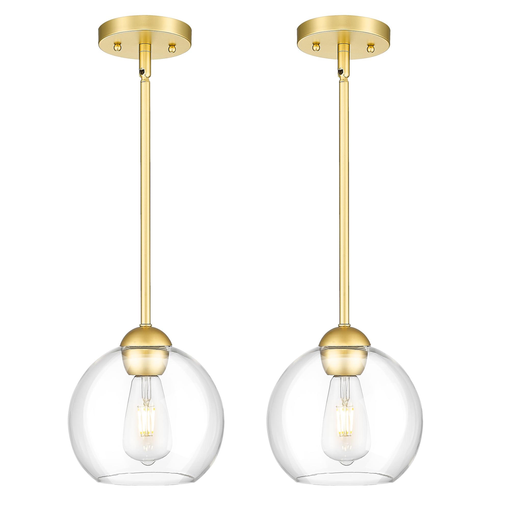 Emak 2 Pack Gold Pendant Light Fixtures, 8 Inch Globe Pendant Lights Kitchen Island with Clear Glass, Modern 1 Light Pendant Lig
