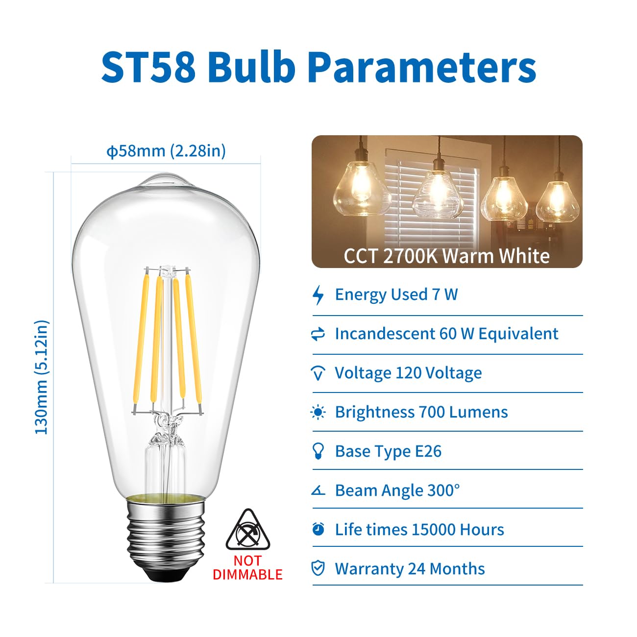 ANWIO Vintage LED Edison Bulbs 3-Pack, 7W Equivalent 60W, Warm White, ST58 Clear Glass, Non-Dimmable, E26 Medium Base