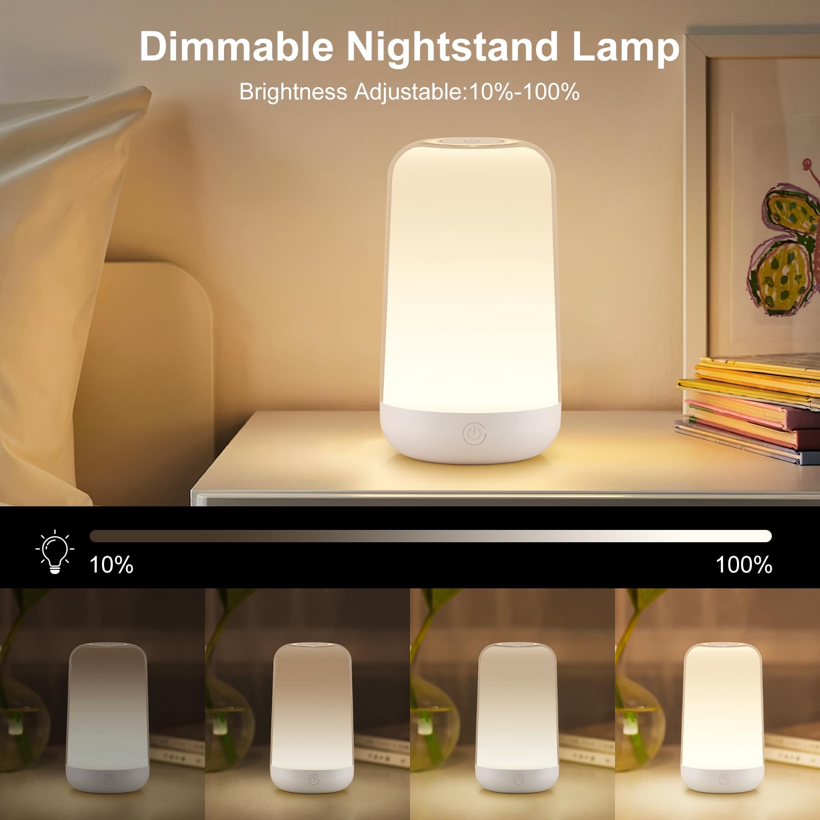 FRIDEKO RGB Touch Bedside Lamp - Dimmable Cordless Night Light, Small, White, Model L03134-99-US