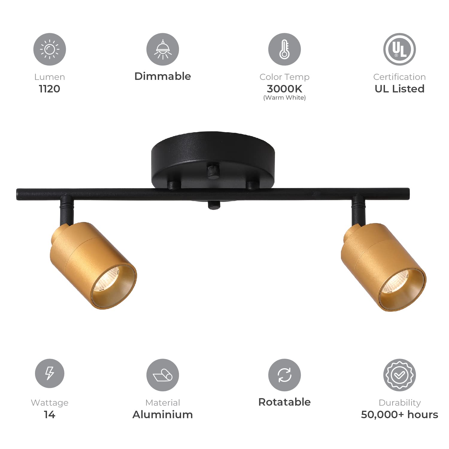Shura Black & Brass 2-Light Track Light With Adjustable Heads, Integrated Led Bulbs, 15 In. Track Lighting Kit Ceiling Light, 30
