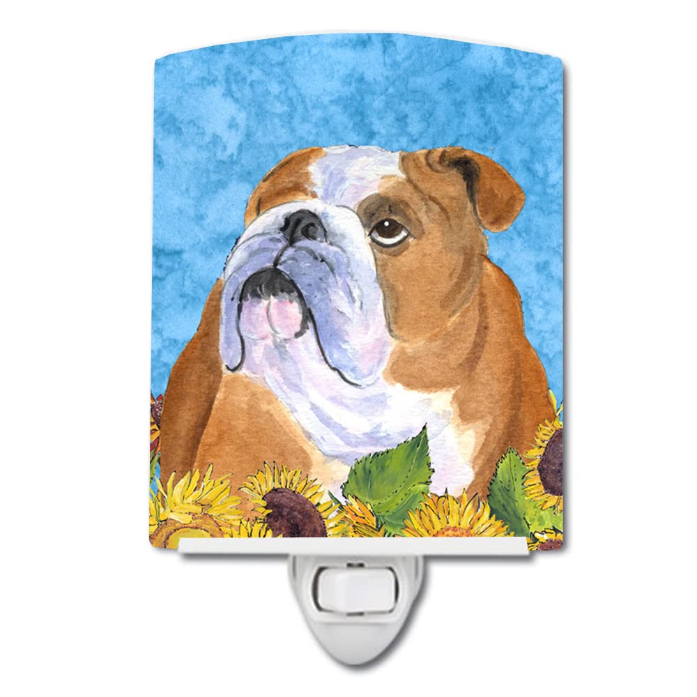 Caroline'S Treasures Ss4125Cnl Bulldog English In Summer Flowers Ceramic Night Light Compact, Ul-Certified, Ideal For Bedroom, Bathroom, Nursery, Hallway, Kitchen, 6X4X3, Multicolor