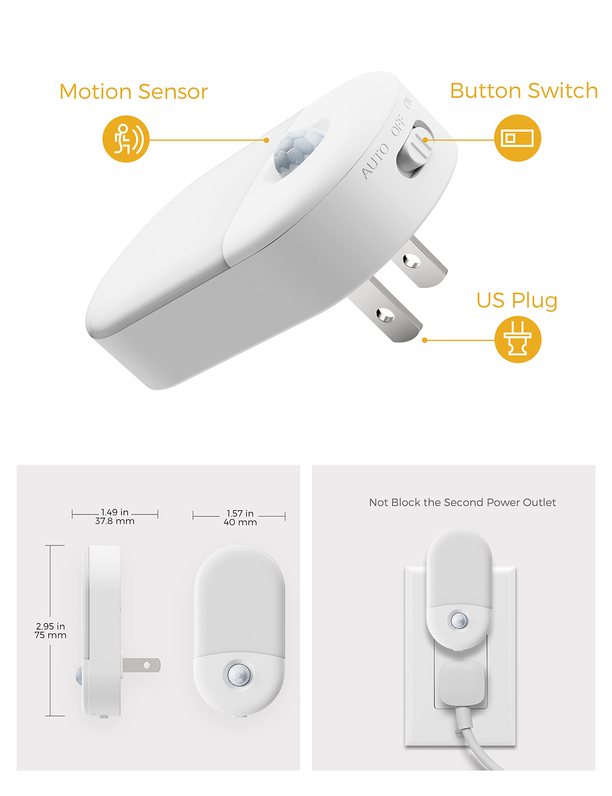 L Lohas Led Motion Sensor Night Light, 2Pack, Motion Activated Night Light, Night Lights Plug Into Wall Motion Sensor, 3000K Warm White, Adjustable Brightness 30/60Lm, For Kids Adults Bathroom Bedroom