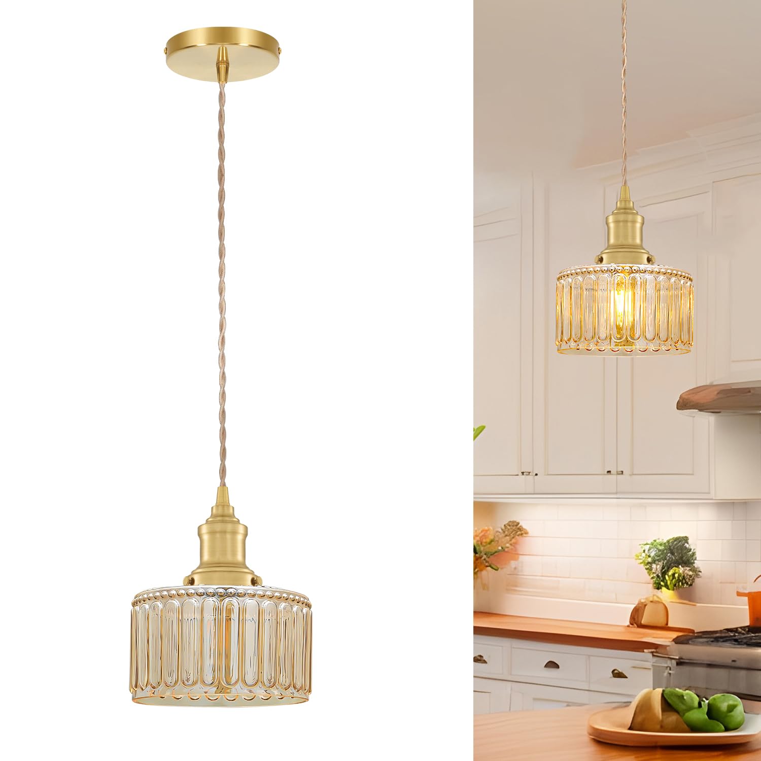 Vintage Pendant Light with Amber Banded Glass Lmapshade  Gold Pendant Lights Kitchen Island  Brass Kitchen Pendant Lighting over Island  Adjustable Hanging Light for Entrance Bathroom Dining Room