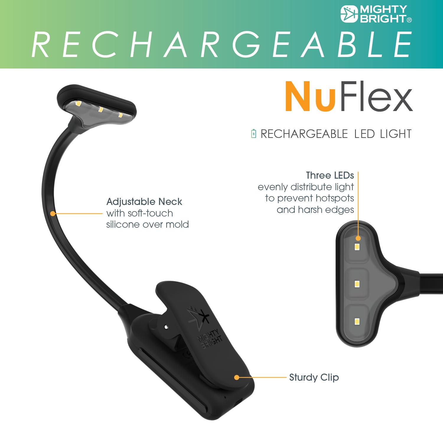 Mighty Bright NuFlex Rechargeable Book Light - 35 Lumens, 3 Brightness Levels, Flexible Neck, Black, Model 47810