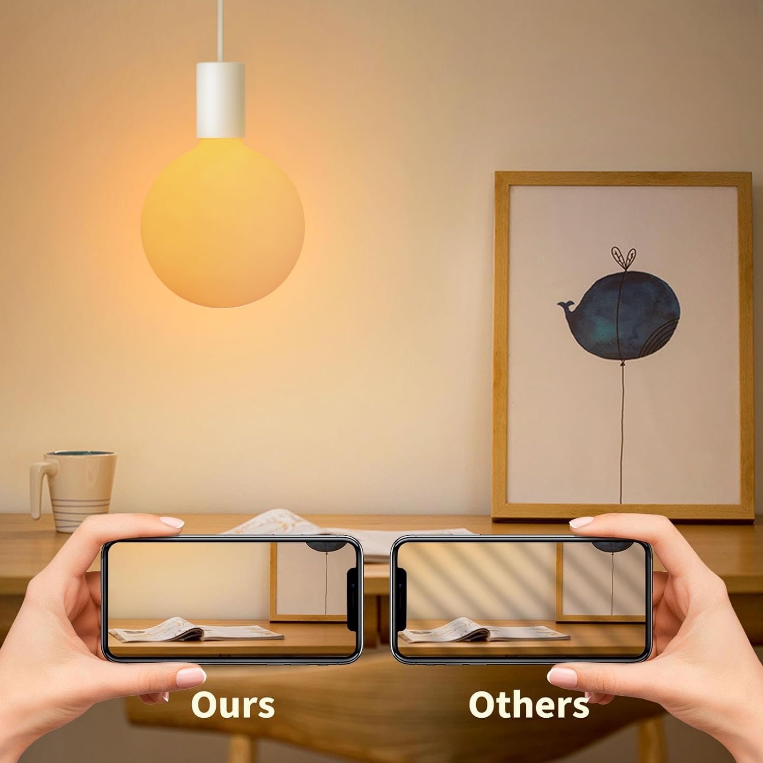 ONEWISH G150 Globe LED Bulb, Matte White E26 Glass Filament, Warm Sunset Design, 6" (φ150mm), Model 13BUL004USB