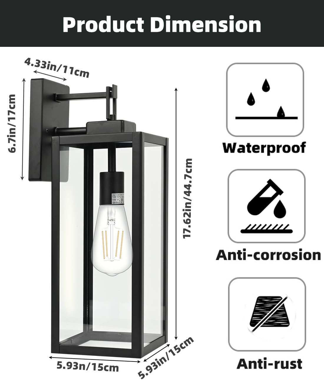 Faymart 2 Pack 18&quot; Outdoor Wall Lantern, Waterproof Sconce Light Fixture, Matt Black