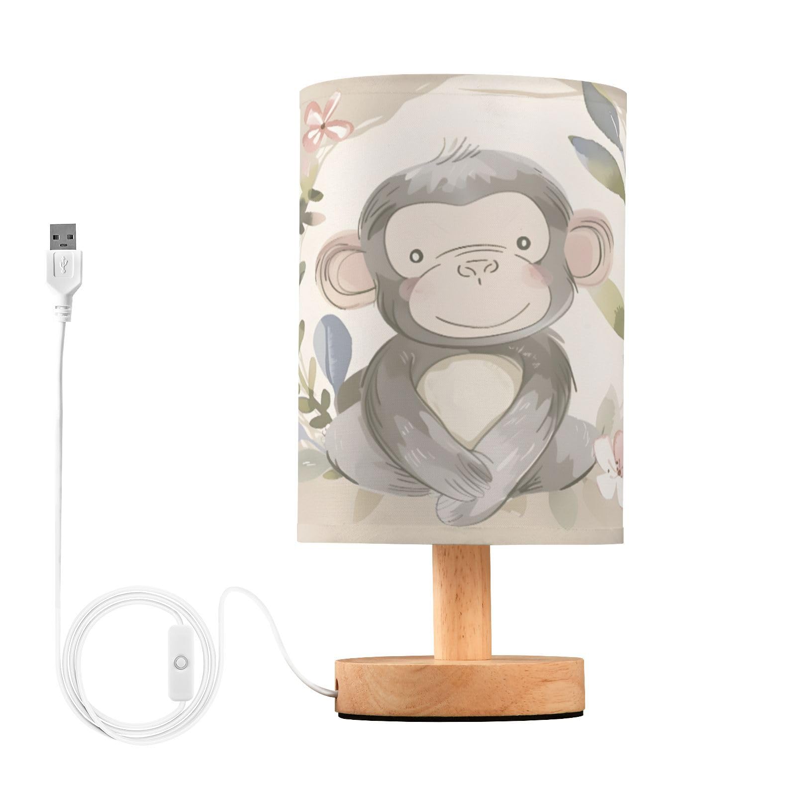 BOENLE Bedside Lamp Monkey Pink Flower Table Lamp for Bedroom LED Nightstand Lamp Shade USB Ports Wood Base for Living Room Dorm