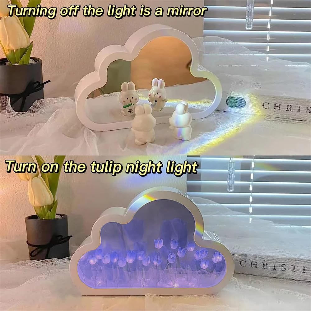 Logazoo (20 Flower) Tulip Lamp Night Light With Mirror  Assembled Artificial Flower Lamp Table Light Bedroom Decoration Gift For Women Girlfriend Sisters Desk Table Decor  Cloud Design (Blue)