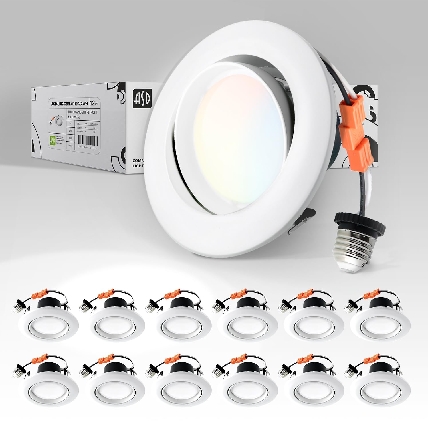 ASD LED Recessed Light 4 Inch 10W 860LM Dimmable White Trim, Adjustable Swivel, Aluminum, Model A-LRKGBR-4D10ACW,
