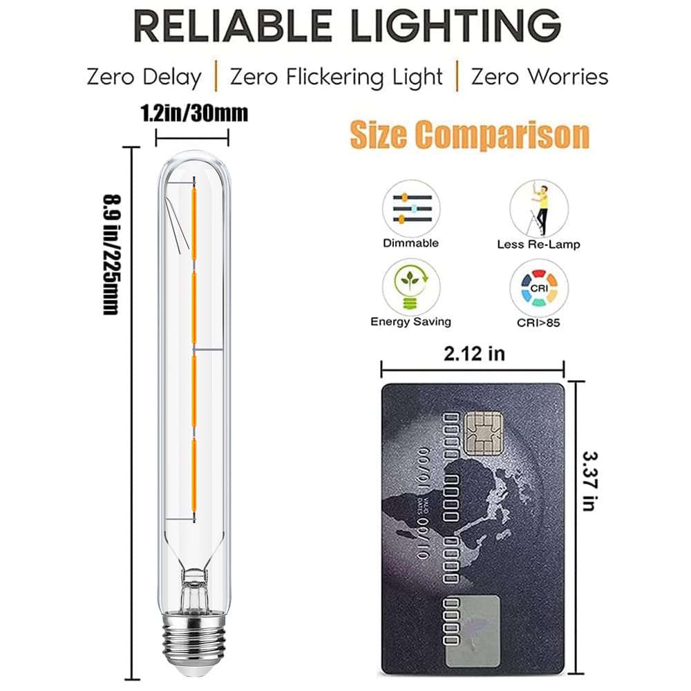 Leools T10 LED Tubular Bulbs, 4W Dimmable, 3000K Soft White, 4-Pack, Vintage Edison Style, Glass, 8.9in (225