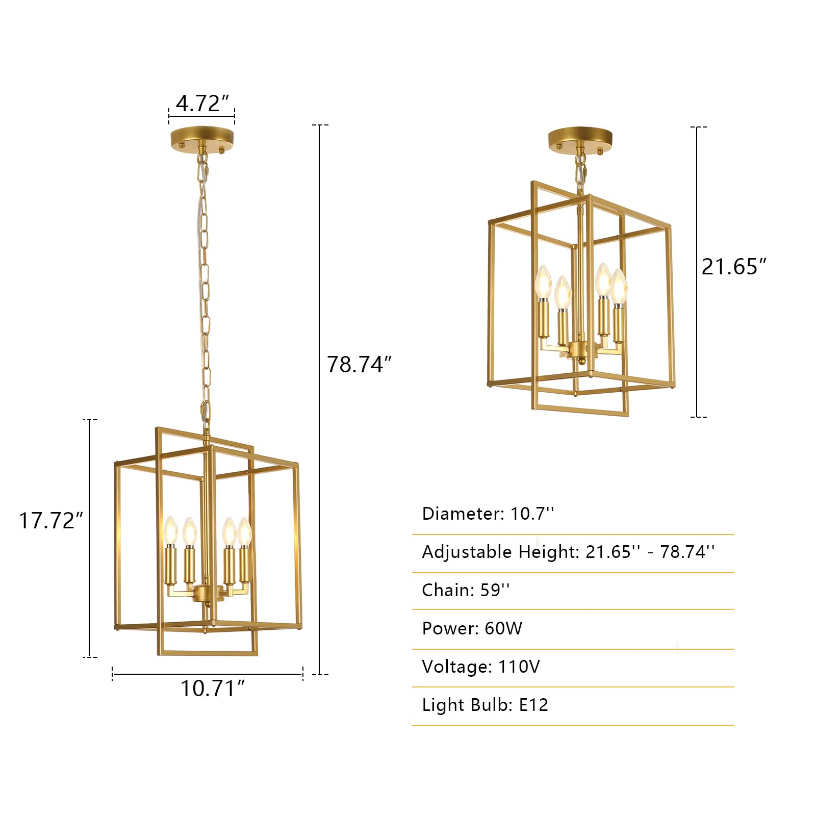Kmaipem Farmhouse Gold Chandelier, 4-Light Vintage Chandeliers For Dining Room, Adjustable Modern Rustic Metal Hanging Pendant L
