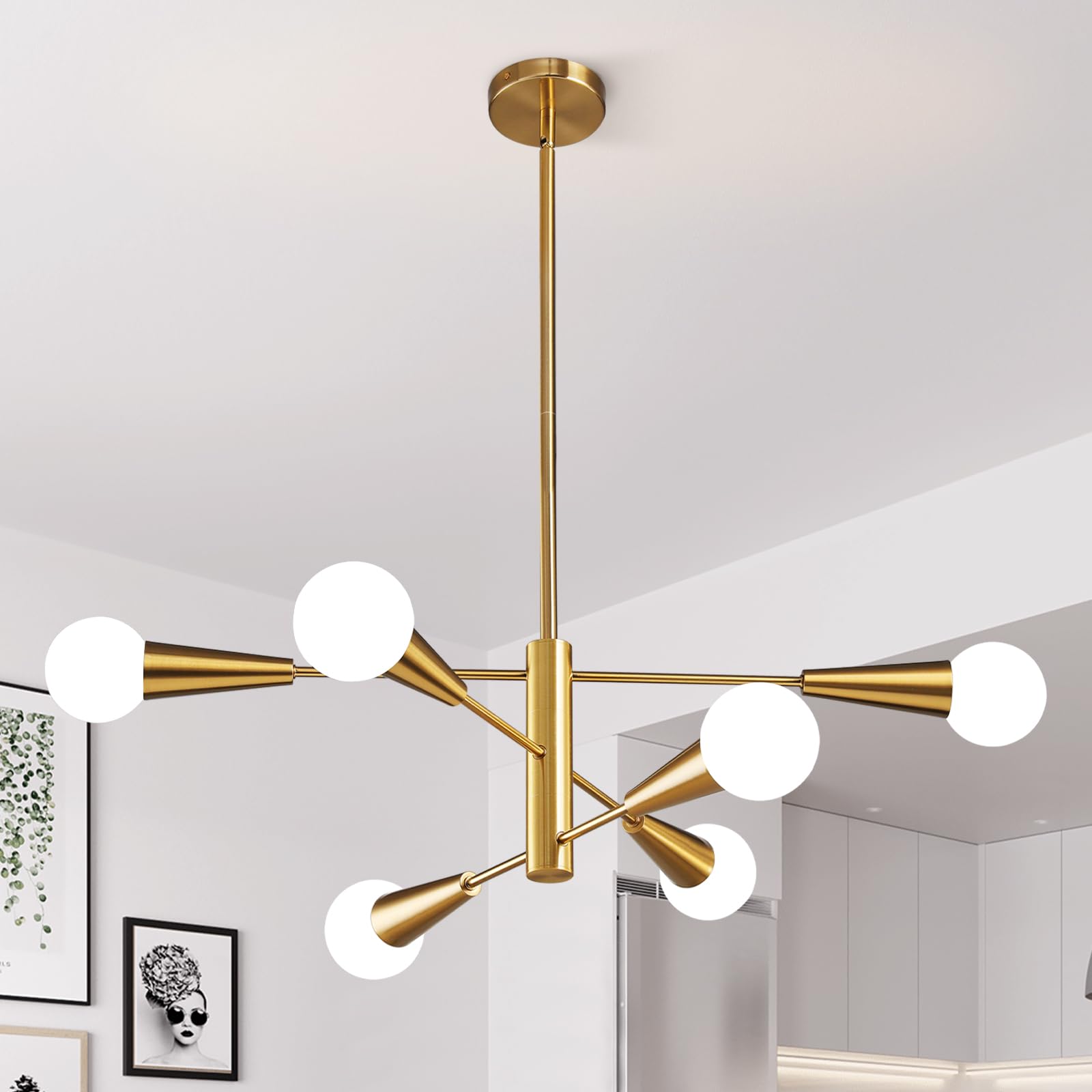 KAISITE Sputnik Chandelier Modern Gold Chandelier 6-Light E26 Mid Century Ceiling Light Fixture Height Adjustable Hanging Pendan