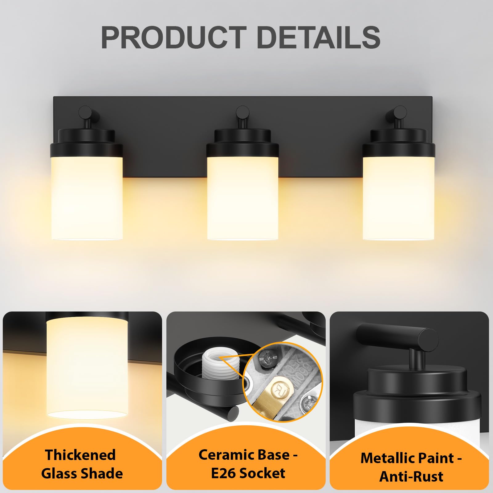 LKHF Bathroom Vanity Light, 3-Light Matte Black Fixture, Clear Glass Shade, Model SPU143T, 22in Base Plate