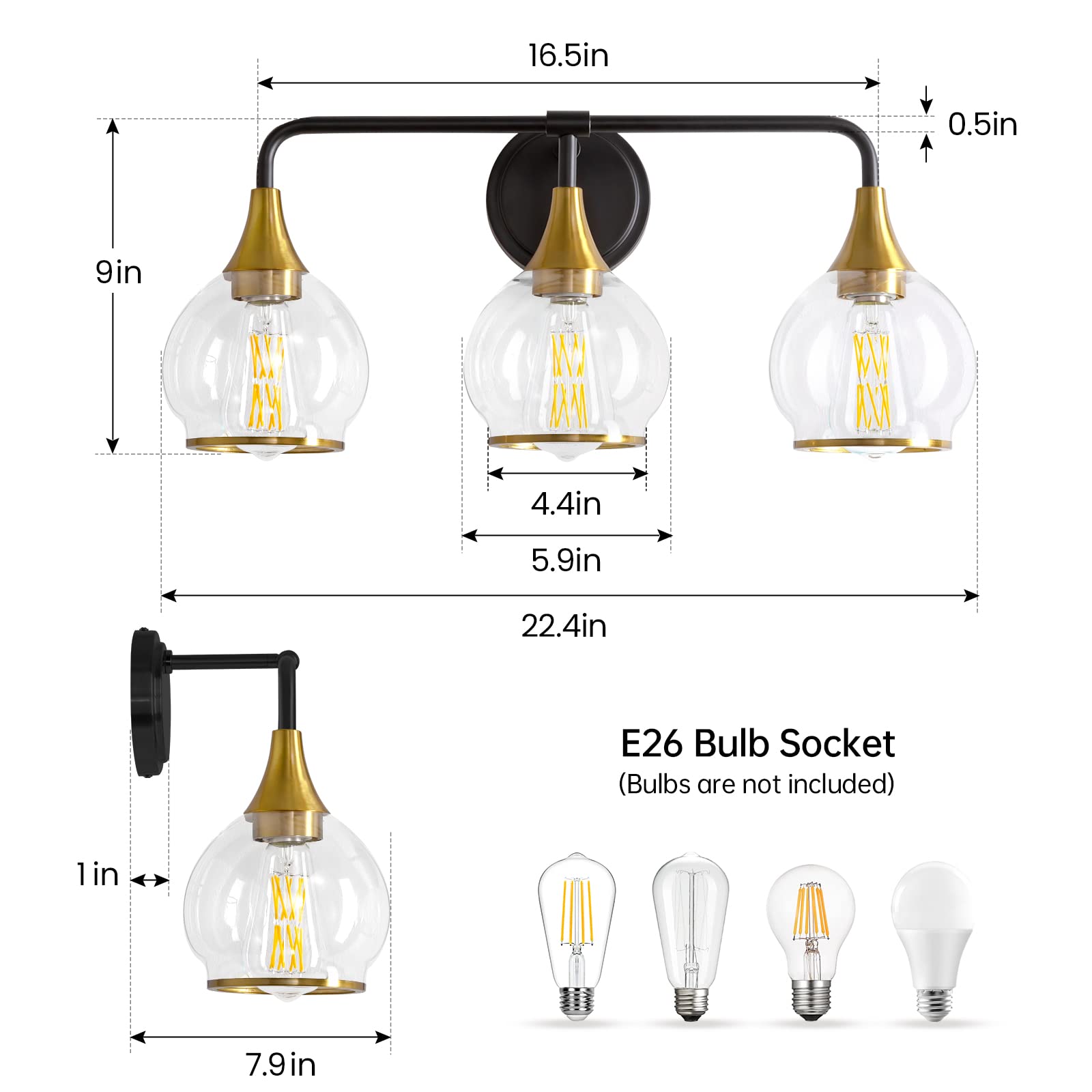 Hahzt Black And Gold Bathroom Vanity Light 3-Lights Bathroom Light Fixtures Over Mirror With Clear Glass Shade 22.4 Inch Wall Sc