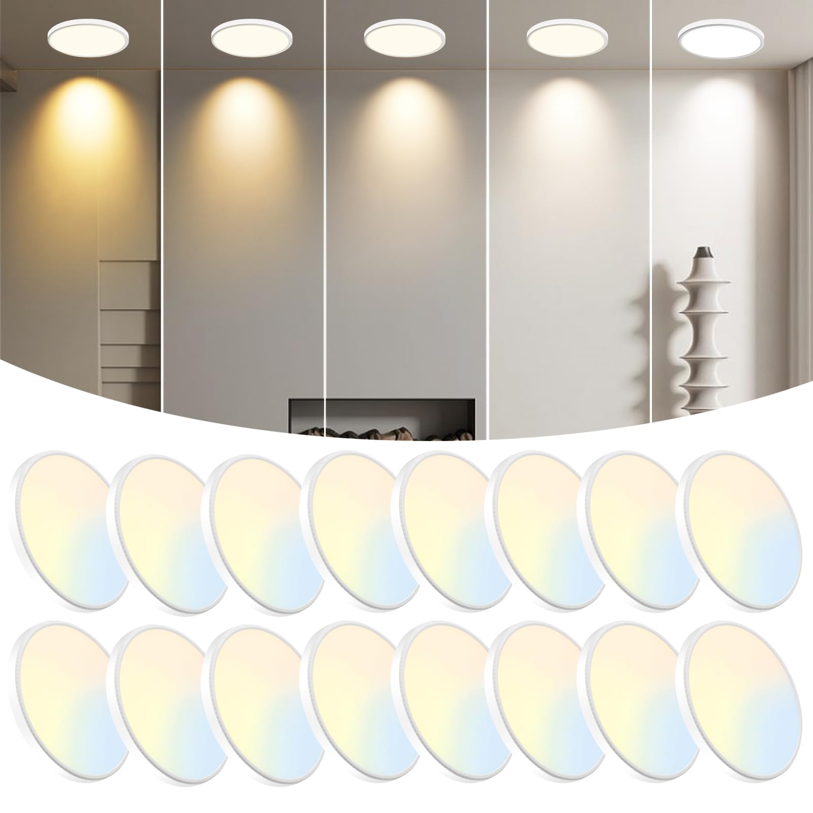 WKONCLDY 16-Pack 7.5Inch LED Ceiling Lights, 5 Colors Selectable Flush Mount Ceiling Lights, Ultra Thin LED Ceiling Lights Fixtures 0.87Inch for Dinning Room