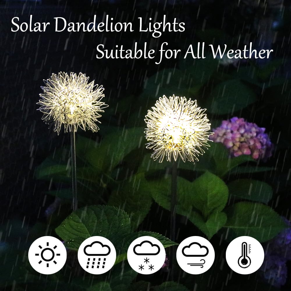 GUOCHENG Solar Garden Lights, Waterproof Metal Dandelion Lights, 4 Pack, Outdoor Patio Yard Pathway Decor, Model GC-Solar