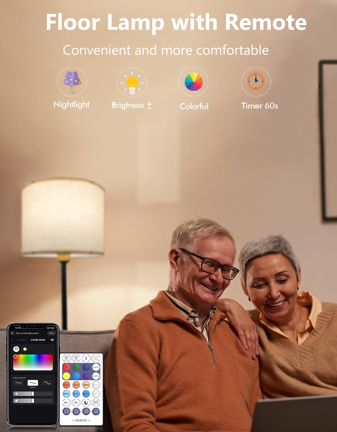 Yhw Smart Floor Lamp - White Linen Shade, Led, Color Changing, Alexa & Google Compatible