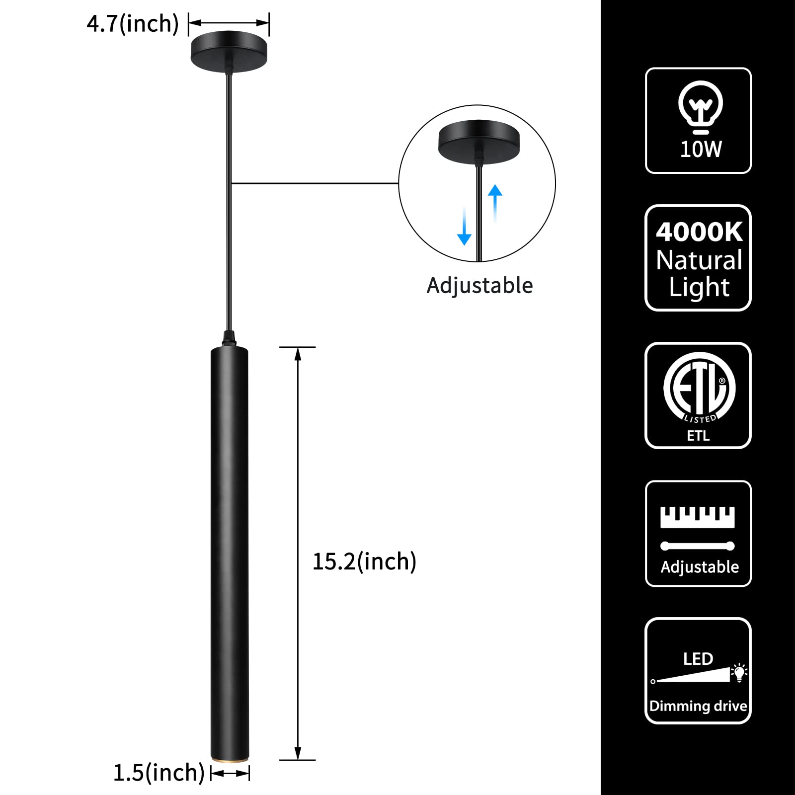 Okeli Modern Pendant Lights, Black Pendant Light Fixture, Led Minimalist Strip Pendant Lighting For Kitchen Island Bar,15Inch,40