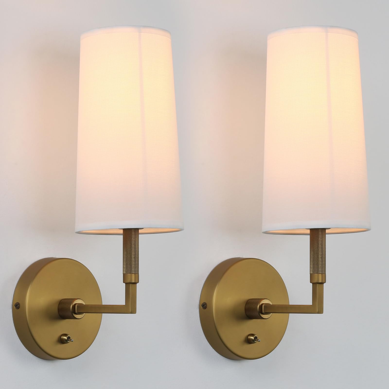 JIMUBEAM Brass Wall Sconces Set of Two  Hardwired White Fabric Shade Wall Lamps  Bathroom Vanity Lights Fixture with Switch  Indoor Wall Lights for Bedroom Living Room Corridor