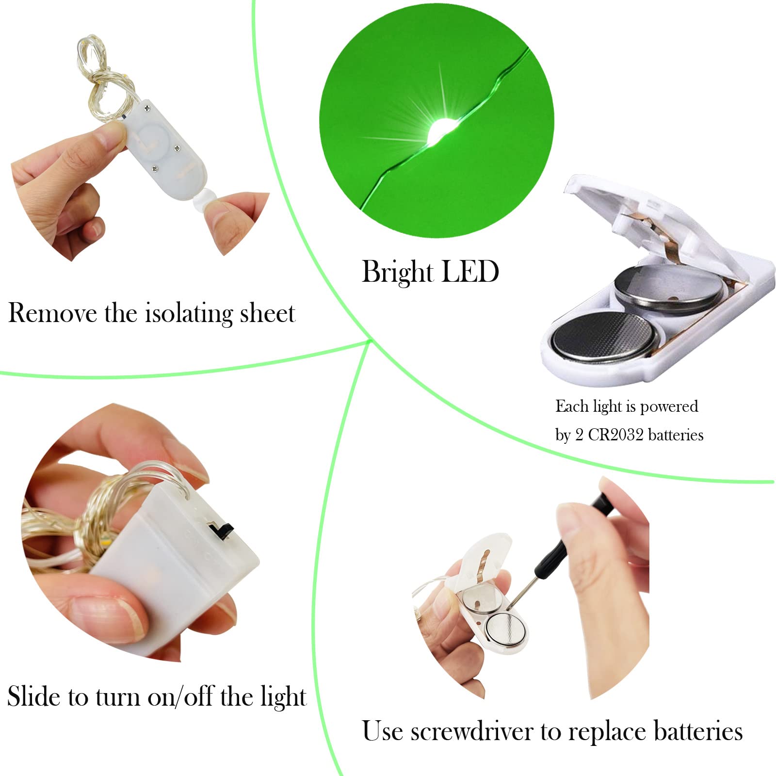 Smilingtown 24 Pack Starry Fairy String Lights, 20 Leds, 7.2Ft, Green Copper Wire, Battery Powered