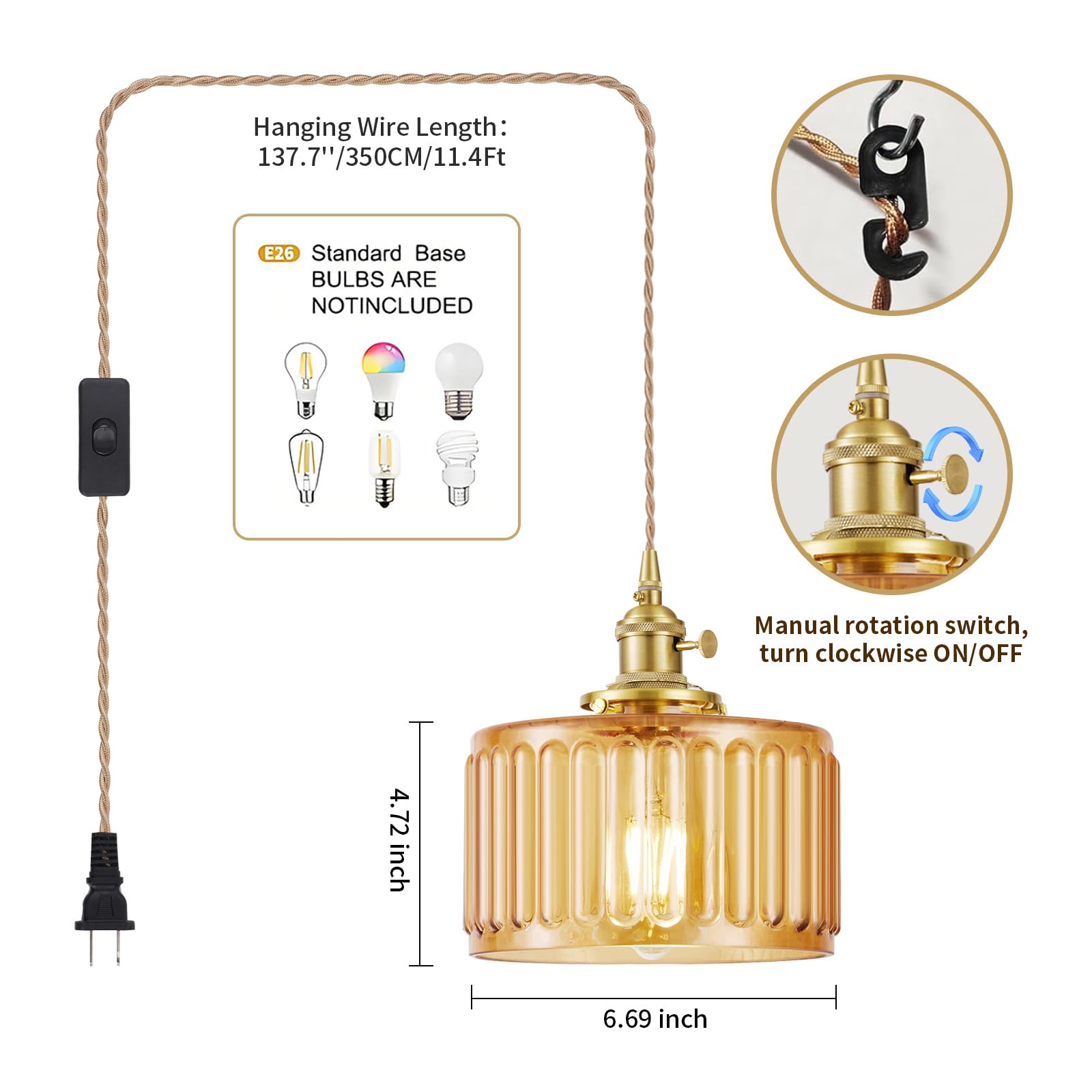 Beserwin Plug In Pendant Light  Hanging Lights With Plug In Cord  Hanging Light Fixture With Clear Glass  E26 Pendant Lighting For Kitchen Island  Bedroom  Dining Room- Amber Color