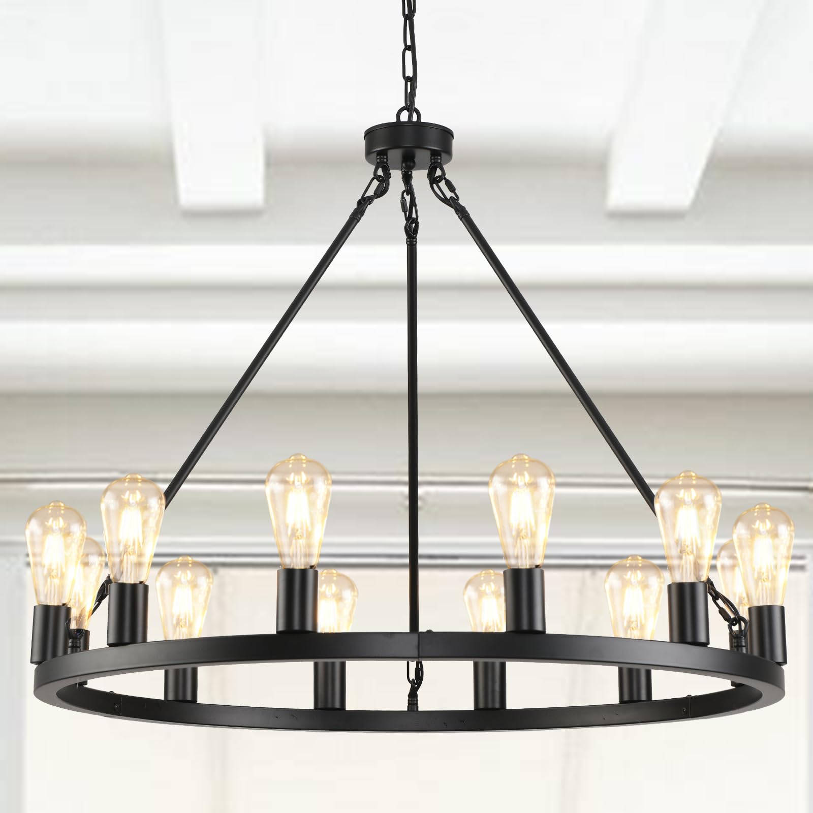 Juhoural 8 Lights Wagon Wheel Chandelier  23.6 Black Round Farmhouse Chandelier Dining Room Light Fixtures Vintage Wheel Pendant Light for Kitchen Living Room Bedroom Entryway Foyer