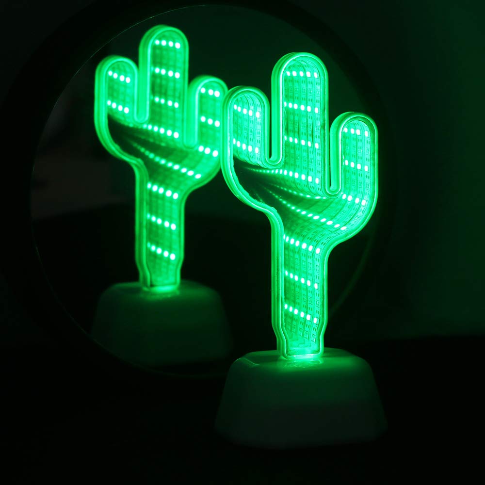 Chi-buy 3D Mirror Tunnel Lamp, Cactus LED Night Light, Green Plastic Desktop Decor